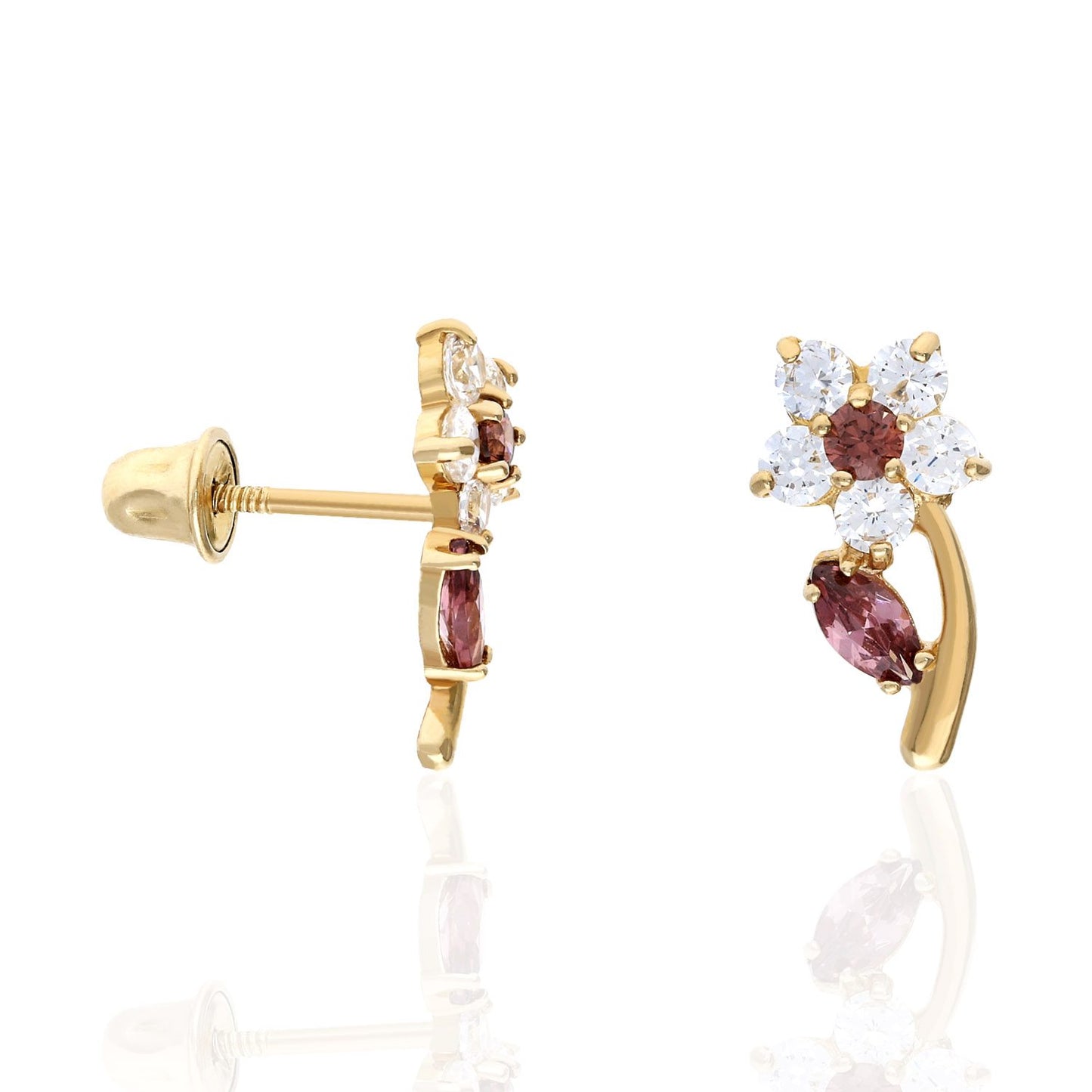 14K Yellow Gold Birthstone Flower Plant Screw Back Stud Earrings
