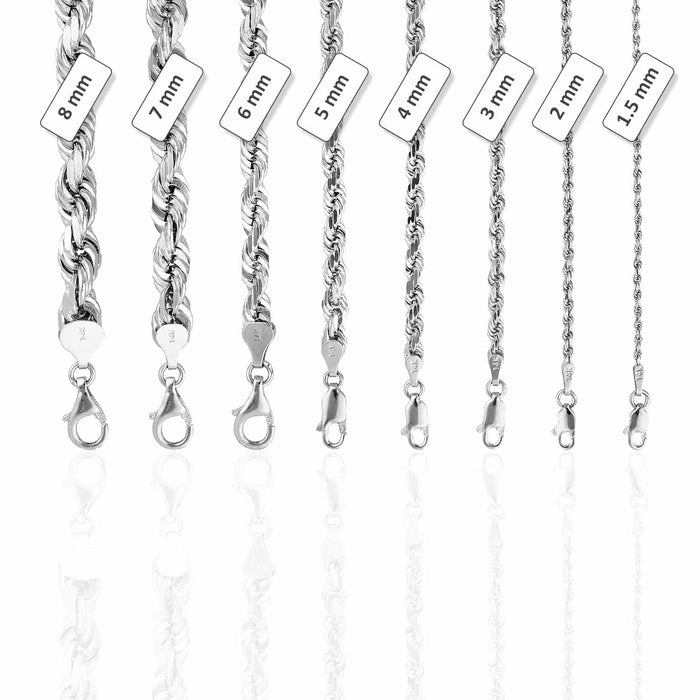 14K White Gold 7mm Diamond-Cut Rope Chain (Solid Links) 24"-30"