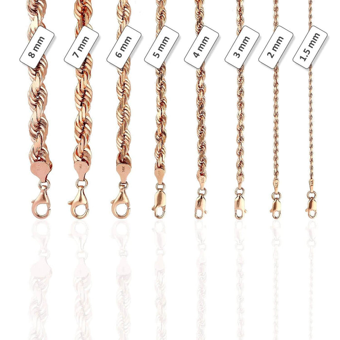 14K Rose Gold 1.5mm Diamond-Cut Rope Chain (Solid Links) 16"-30"