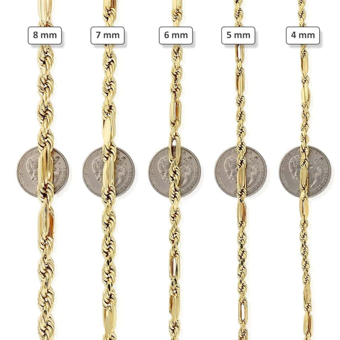 10K Solid Gold Diamond-Cut 4-8mm Milano Figaro Rope Chain (Hollow) 20-32"