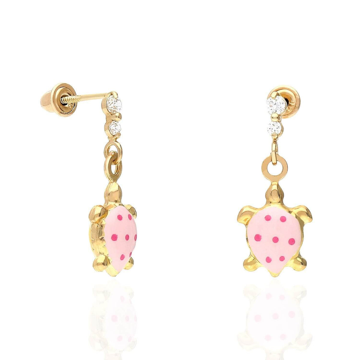 Kids 14K Gold CZ Enamel Turtle Screw Back Stud Earrings