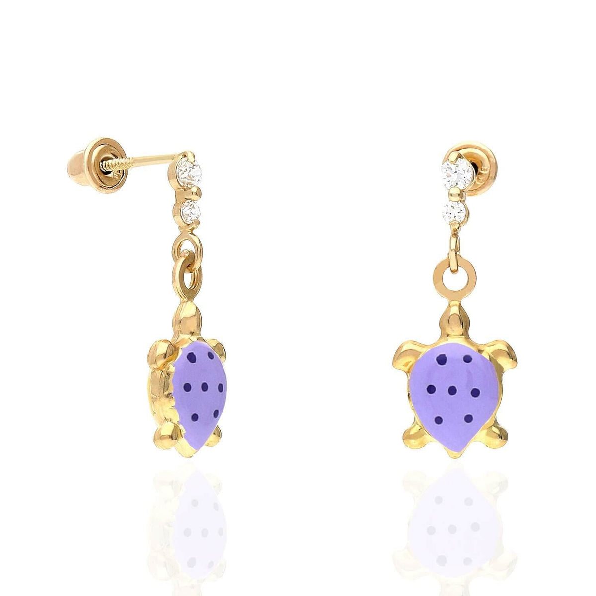 Kids 14K Gold CZ Enamel Turtle Screw Back Stud Earrings