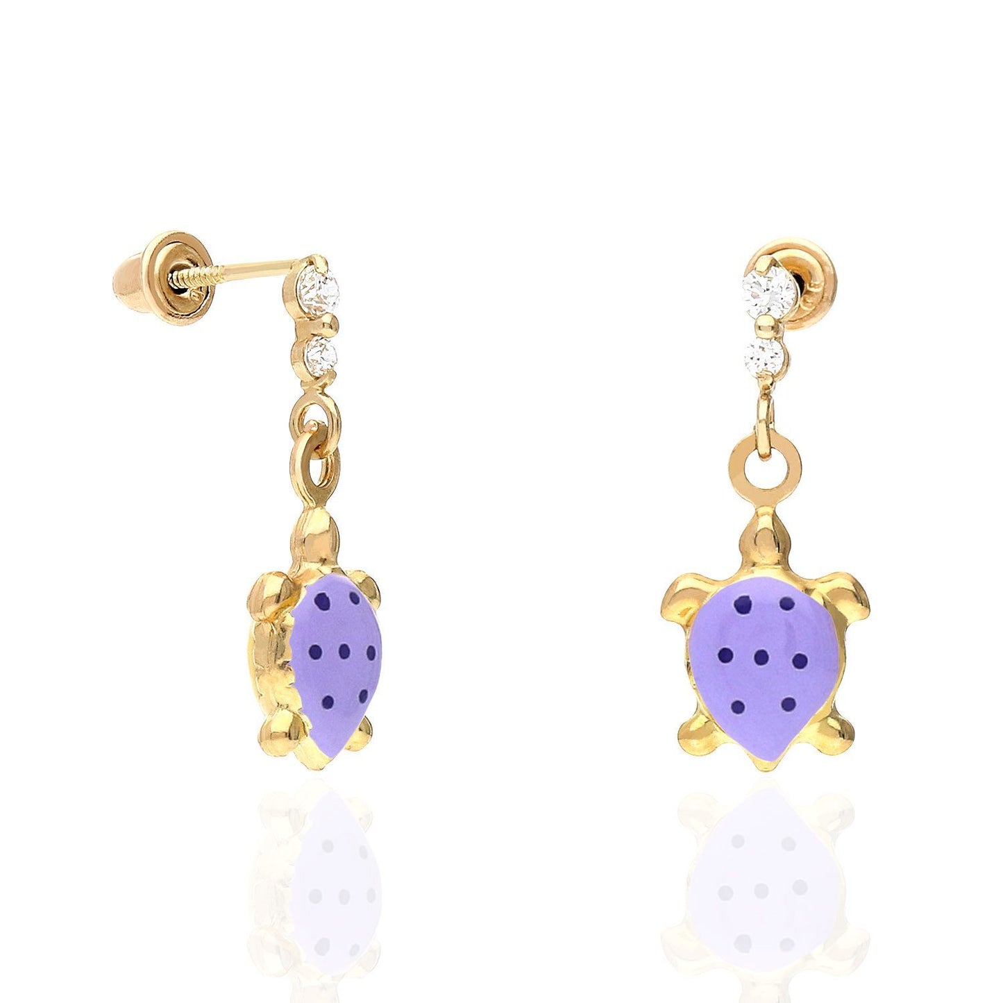 Kid's 14K Gold CZ Enamel Turtle Screw Back  Stud Earrings