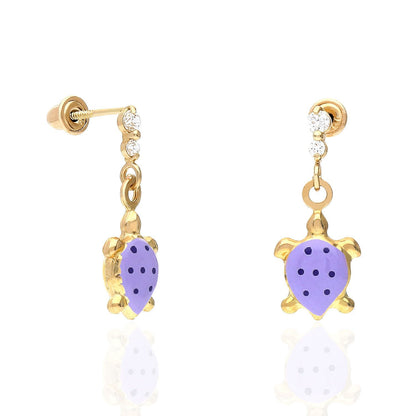 Kid's 14K Gold CZ Enamel Turtle Screw Back  Stud Earrings
