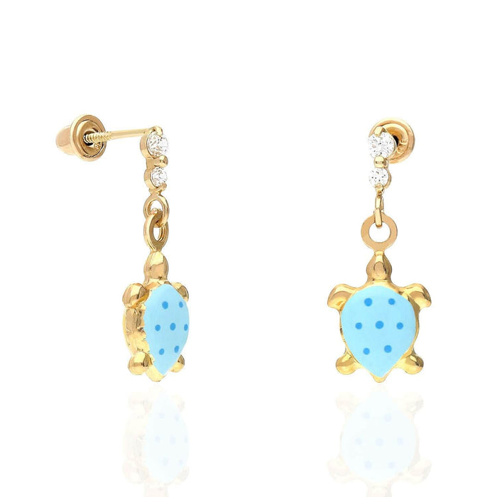 Kids 14K Gold CZ Enamel Turtle Screw Back Stud Earrings
