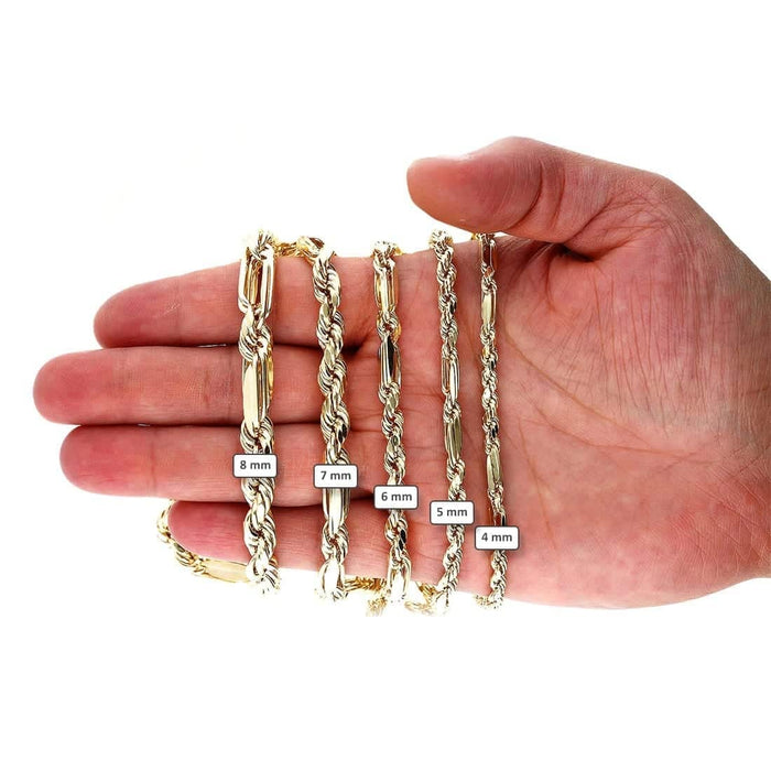 10K Solid Gold Diamond-Cut 4-8mm Milano Figaro Rope Chain (Hollow) 20-32"