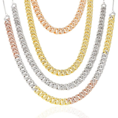Gold Over Silver 6.5mm CZ Miami Necklace (Solid Links) 14"-22" Adjustable