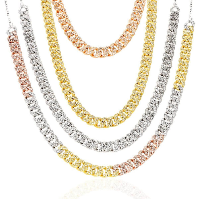 Gold Over Silver 6.5mm CZ Miami Necklace (Solid Links) 14"-22" Adjustable