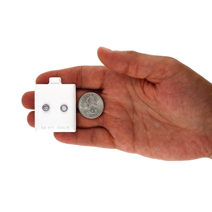 14K White Gold Diamond-Cut Gemstone Round Halo 7mm Screw Back Stud Earrings