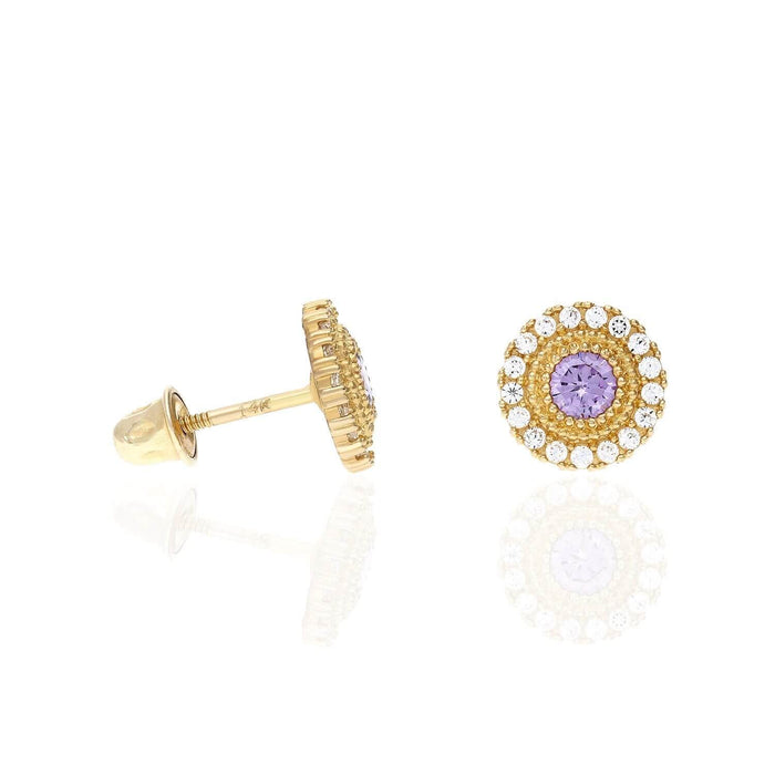 14K Yellow Gold Color Gemstone Round Halo Fancy Birthstone Screw Stud Earrings