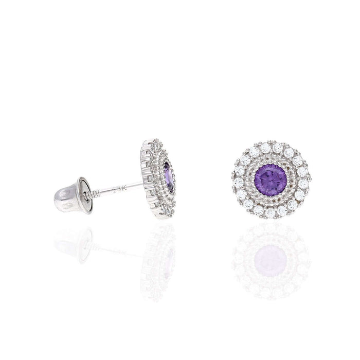 14K White Gold Color Gemstone Round Halo Fancy Birthstone Screw Stud Earrings