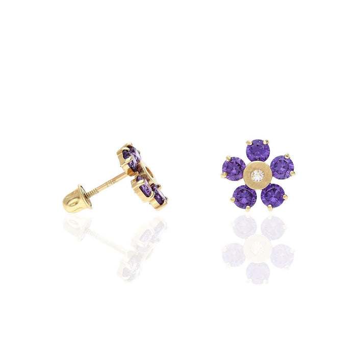 14K Yellow Gold Color Gemstone Flower Screw Back Stud Earrings