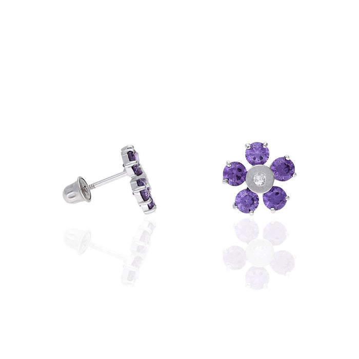 14K White Gold Color Gemstone Flower Screw Back Stud Earrings