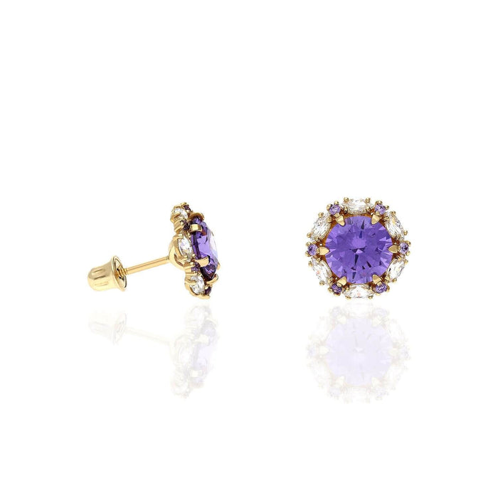14K Yellow Gold Round And Marquise Gem Birthstone Halo Stud Earrings