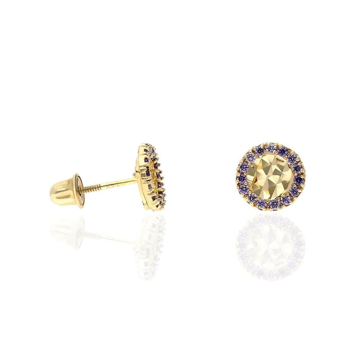 14K Yellow Gold Diamond-Cut Gemstone Round Halo 7mm Screw Back Stud Earrings