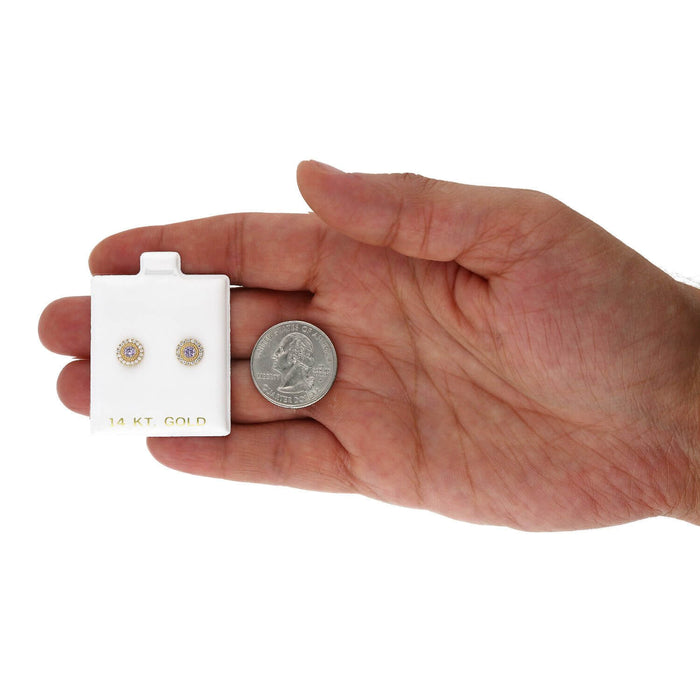 14K Yellow Gold Color Gemstone Round Halo Fancy Birthstone Screw Stud Earrings