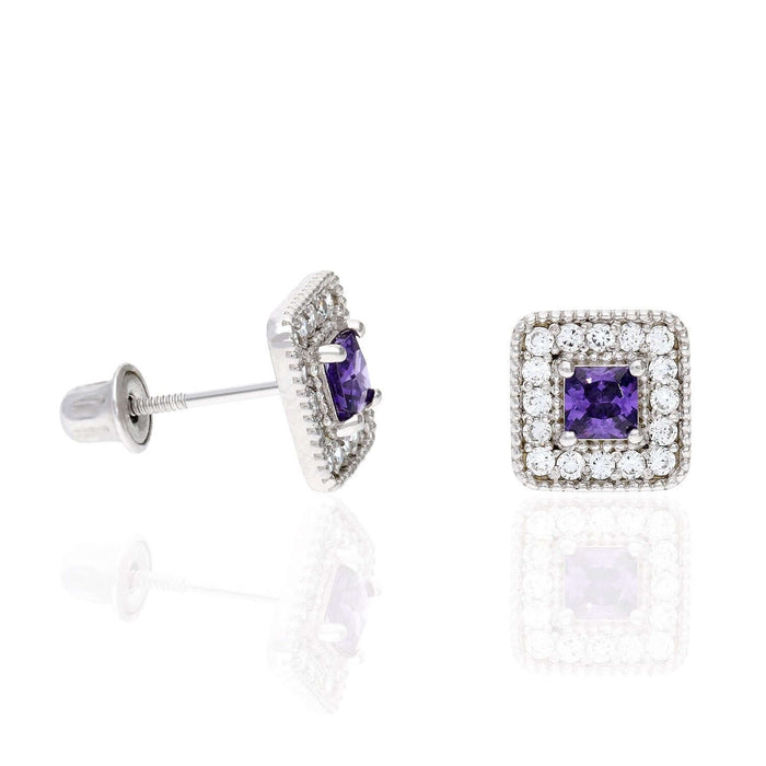 14K White Gold Square Color Gemstone Screw Back Halo Stud Earrings