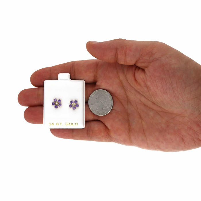 14K Yellow Gold Color Gemstone Flower Screw Back Stud Earrings