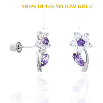 14K Yellow Gold Birthstone Flower Plant Screw Back Stud Earrings