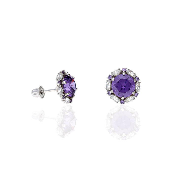 14K White Gold Round And Marquise Gem Birthstone Halo Stud Earrings