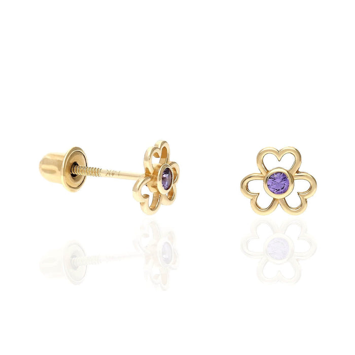 14K Yellow Gold Color Birthstone Open Flower Kids Screw Back Stud Earrings