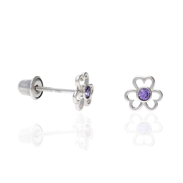 14K White Gold Open Flower Bezel Set Gemstone Kids Screw Back Stud Earrings