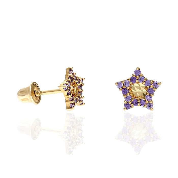 14K Yellow Gold Diamond-Cut Color Gemstone Little Star Stud Earrings