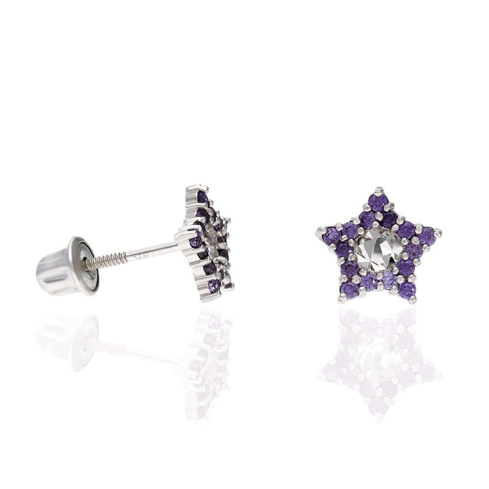 14K White Gold Diamond-Cut Color Gemstone Little Star Screw Back Stud Earrings