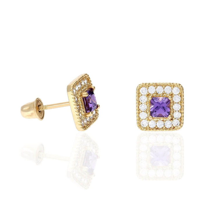 14K Yellow Gold Square Color Gemstone Screw Back Halo Stud Earrings