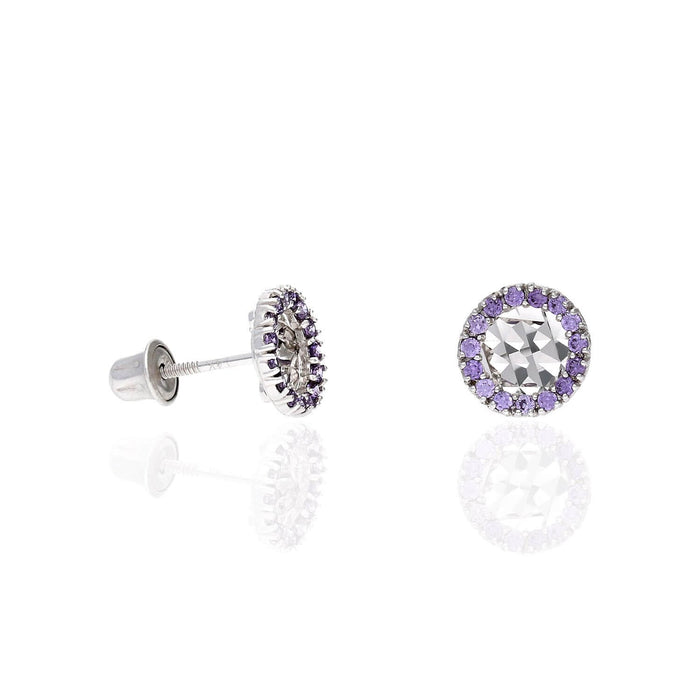 14K White Gold Diamond-Cut Gemstone Round Halo 7mm Screw Back Stud Earrings