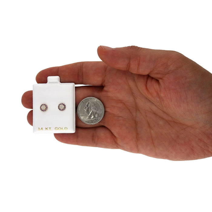 14K Gold Halo Round Cluster Screw Back CZ Birthstone Stud Earrings