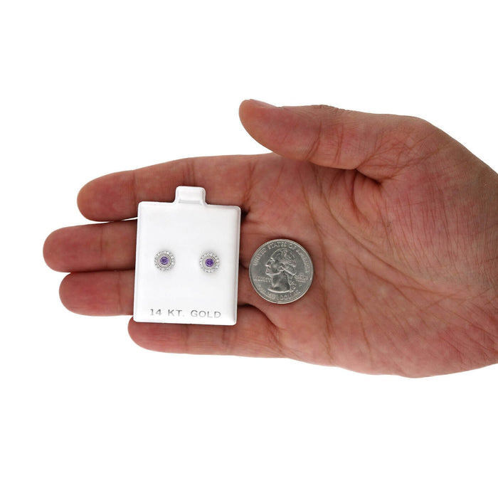 14K White Gold Color Gemstone Round Halo Fancy Birthstone Screw Stud Earrings