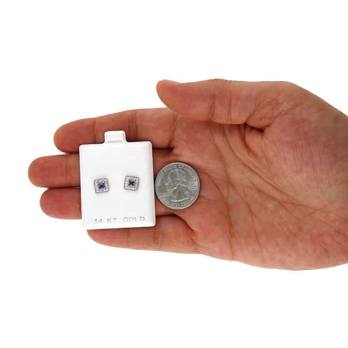 14K White Gold Square Color Gemstone Screw Back Halo Stud Earrings