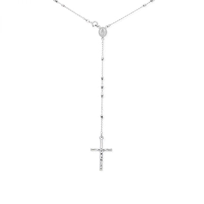 Sterling Silver 3mm Diamond-Cut Rosary Cross Necklace (Hollow) 24"