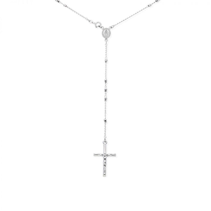 Sterling Silver 3mm Diamond-Cut Rosary Cross Necklace (Hollow) 24"