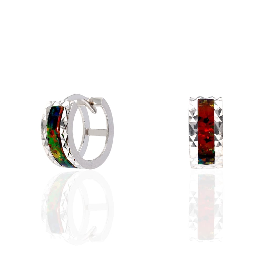 14k White Gold Diamond Cut Fire Opal Huggie Hoop Earrings 0.5"