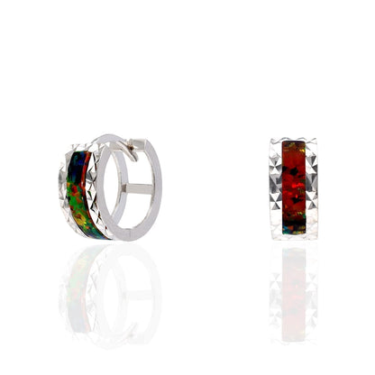 14k White Gold Diamond Cut Fire Opal Huggie Hoop Earrings 0.5"