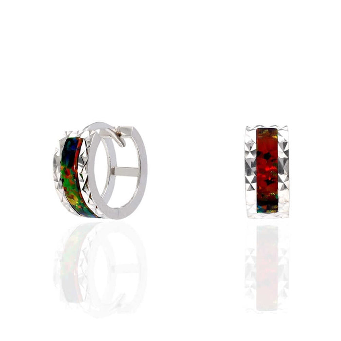 14k White Gold Diamond-Cut Fire Opal Huggie Hoop Earrings 0.5"