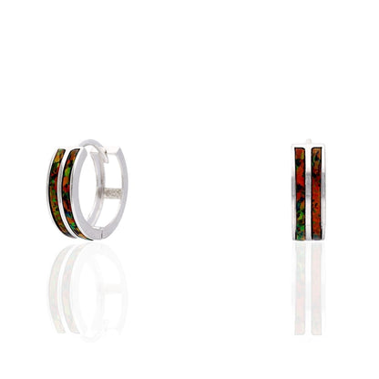 925 Sterling Silver 2-Stripe Fire Opal Huggie Hoop Earrings 0.5"