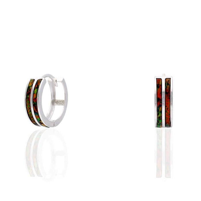 925 Sterling Silver 2-Stripe Fire Opal Huggie Hoop Earrings 0.5"