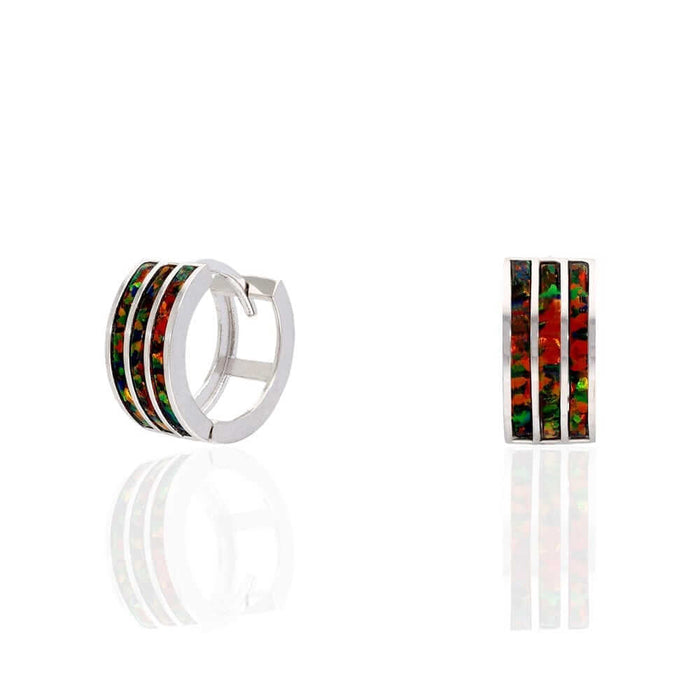925 Sterling Silver 3-Stripe Fire Opal Huggie Hoop Earrings 0.5"