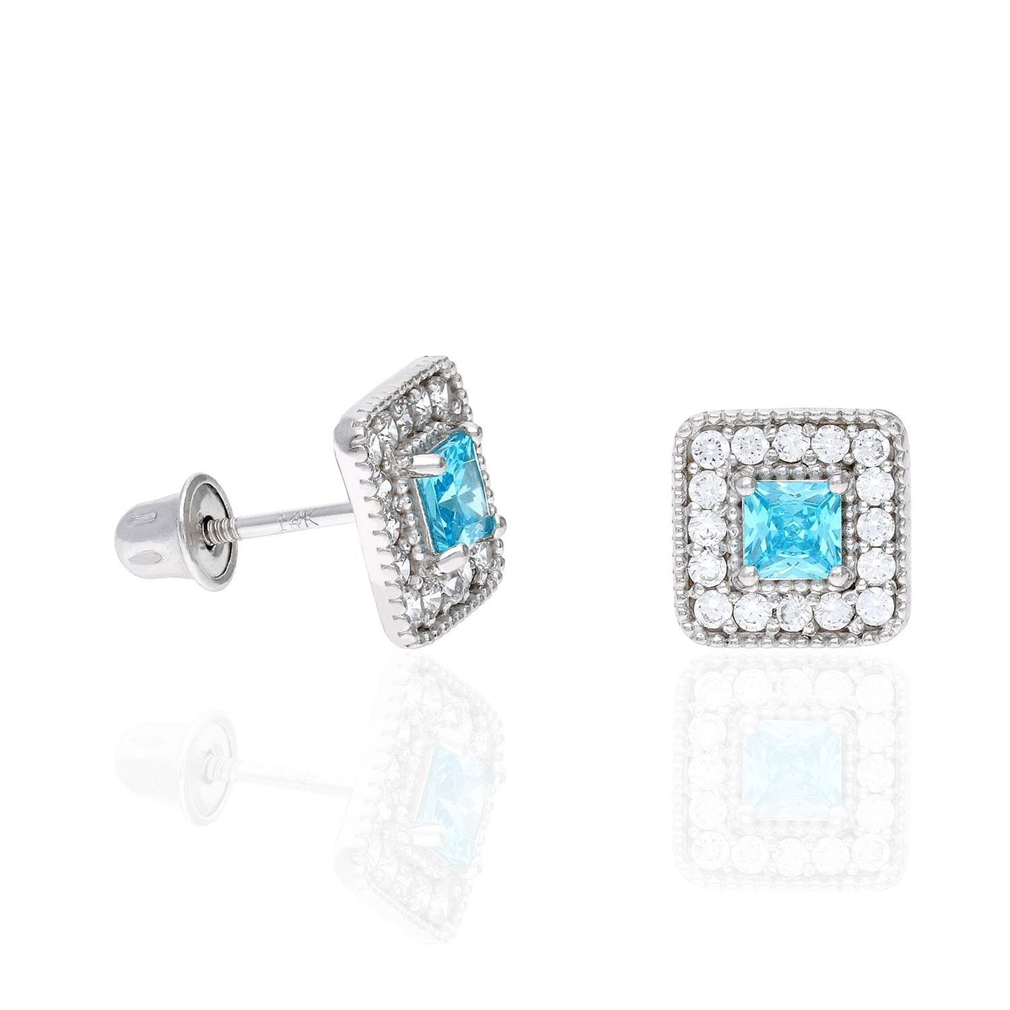 14K White Gold Square Color Gemstone Screw Back Halo Stud Earrings