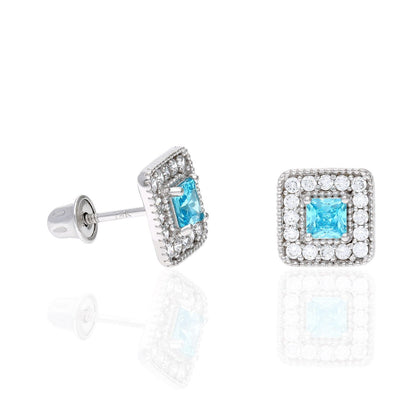14K White Gold Square Color Gemstone Screw Back Halo Stud Earrings