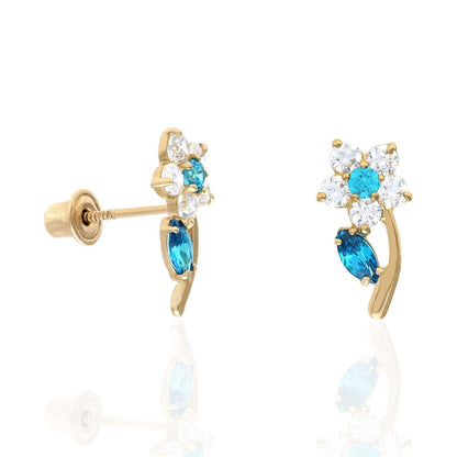 14K Yellow Gold Birthstone Flower Plant Screw Back Stud Earrings