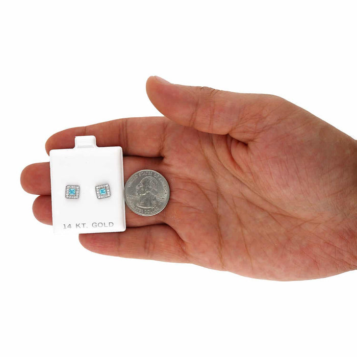 14K White Gold Square Color Gemstone Screw Back Halo Stud Earrings