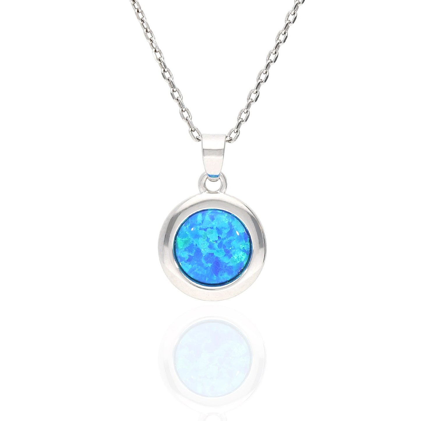 925 Silver Cabochon Blue Purple White Fire Opal Round Pendant Necklace 18"
