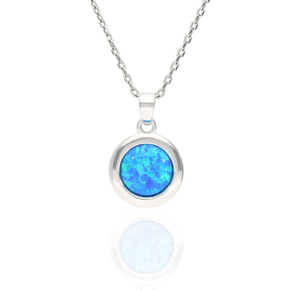 925 Silver Cabochon Blue Purple White Fire Opal Round Pendant Necklace 18"
