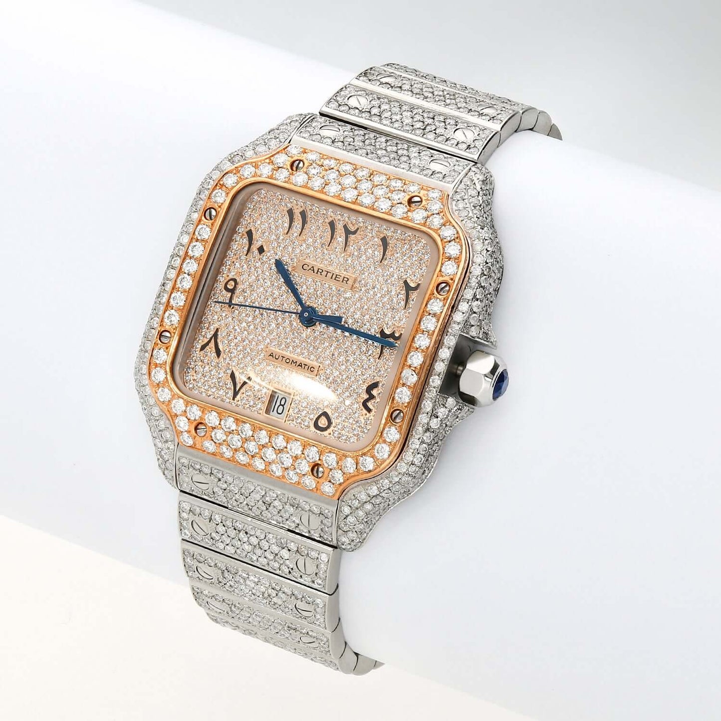 10CTW Natural Diamond Cartier Santos WSSA0018 Custom Full Pave Arabic Dial Automatic Watch - WJD Exclusives