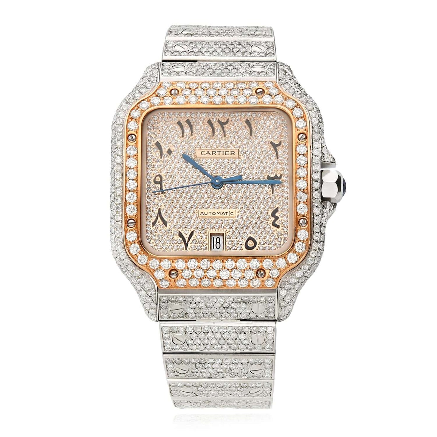 10CTW Natural Diamond Cartier Santos WSSA0018 Custom Full Pave Arabic Dial Automatic Watch - WJD Exclusives