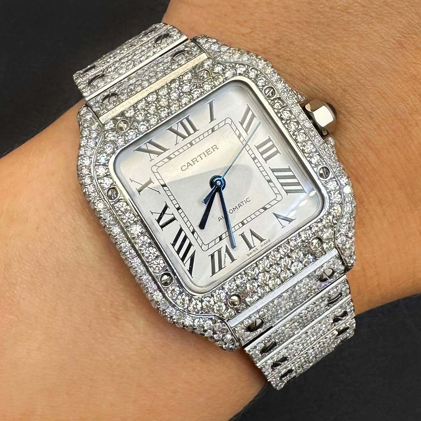 Cartier Santos WSSA0018 40mm Auto SS Watch w/ Aftermarket 11.5CTW Diamond White Dial - WJD Exclusives